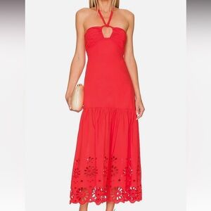 Jason Wu women red cut out lace trimmed cotton blended eyelet maxi dress